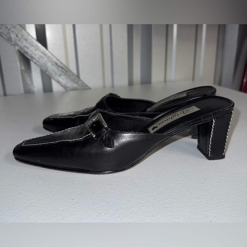 Brighton Bench Made Sz 6 1/2 M Black Mule Clog Heels Faux Alligator Skin - Picture 7 of 9